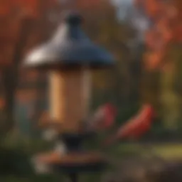 A beautifully crafted cardinal feeder designed to attract vibrant red cardinals in a backyard.