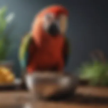 A parrot examining its food bowl filled with seeds and pellets