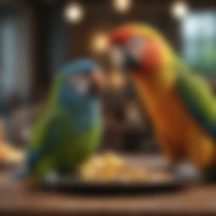 A serene environment with a parrot dining happily