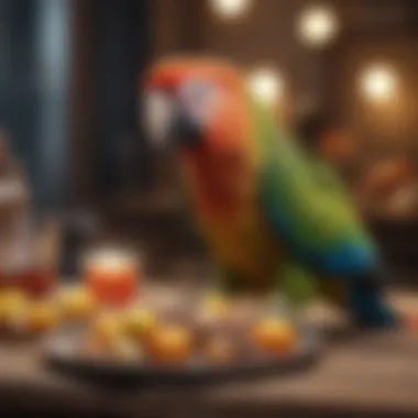 A parrot enjoying a treat in a vibrant setting