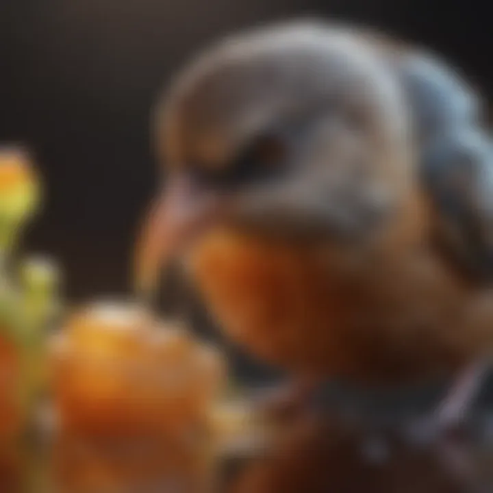 Close-up of a bird eating jelly with a focus on its beak