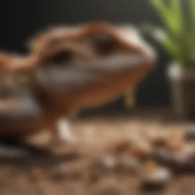 Close-up of juvenile bearded dragon eating insects