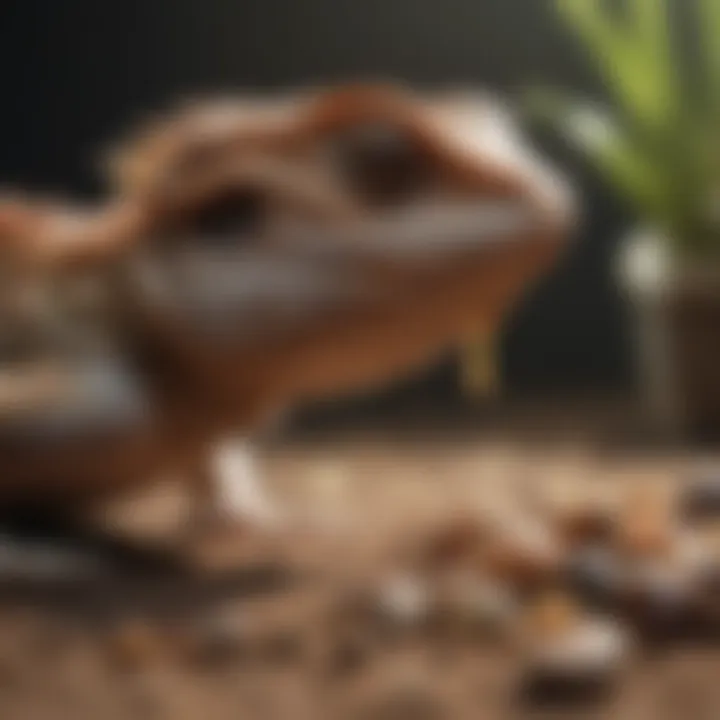 Close-up of juvenile bearded dragon eating insects