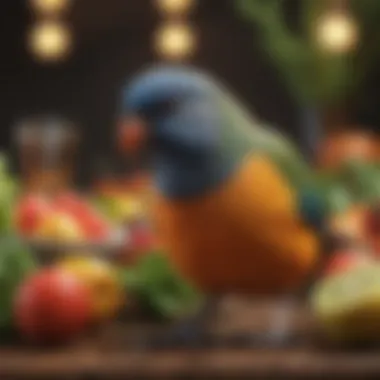 Nutrient-Rich Fresh Foods for Pet Birds A vibrant array of fresh fruits and vegetables suitable for pet birds.