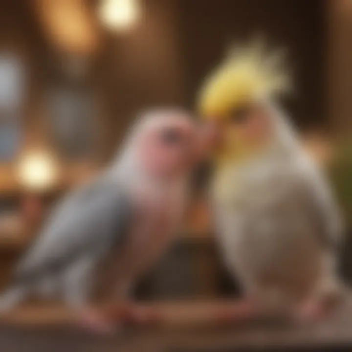 A friendly hand interacting with a cockatiel, symbolizing socialization.