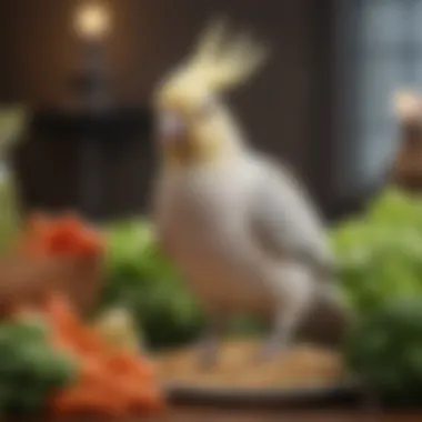 A close-up of a cockatiel enjoying fresh vegetables and seeds.