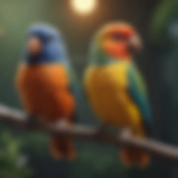 Colorful pet birds perched on a branch