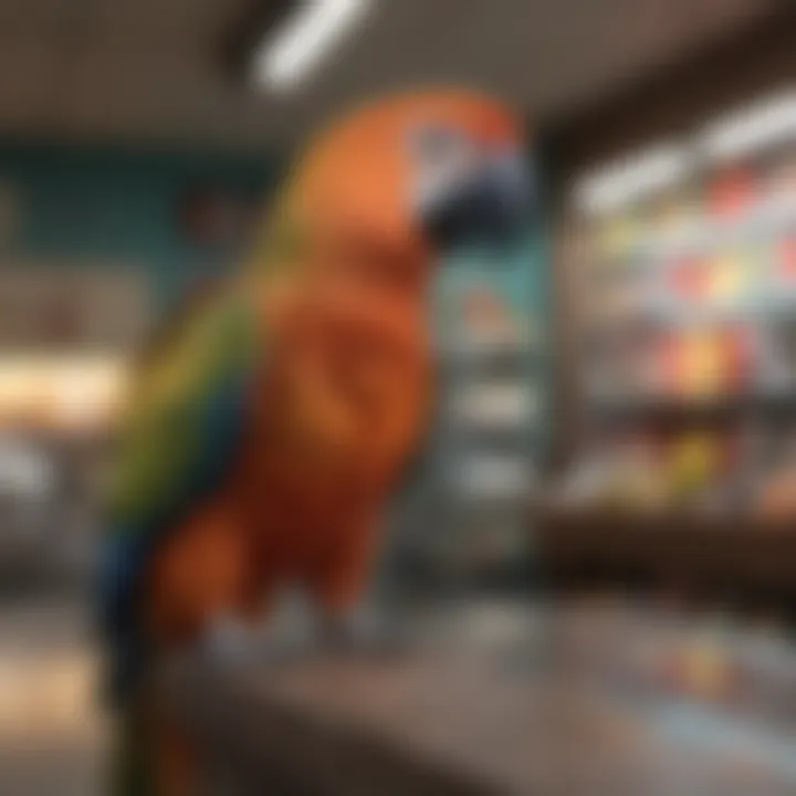 A vibrant parrot perched on a display in a pet bird shop