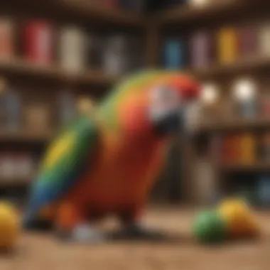 A colorful parrot happily playing with a new toy from a local store.