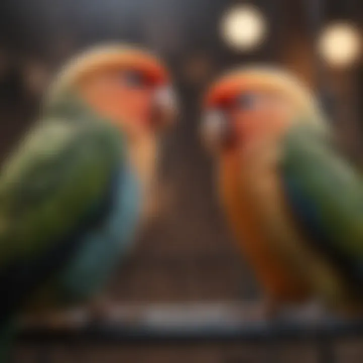 Lovebirds interacting within a beautifully arranged flight cage