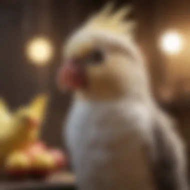 Cockatiel interacting with toys in a flight cage