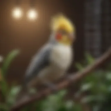 Happy cockatiel enjoying its spacious habitat