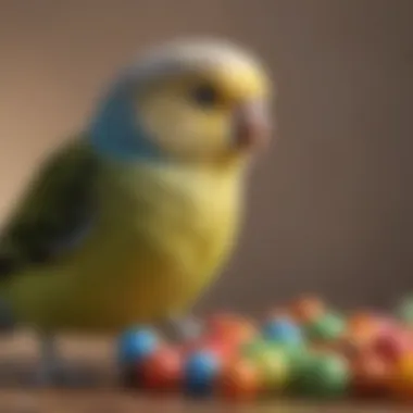 An affectionate budgerigar playing with toys