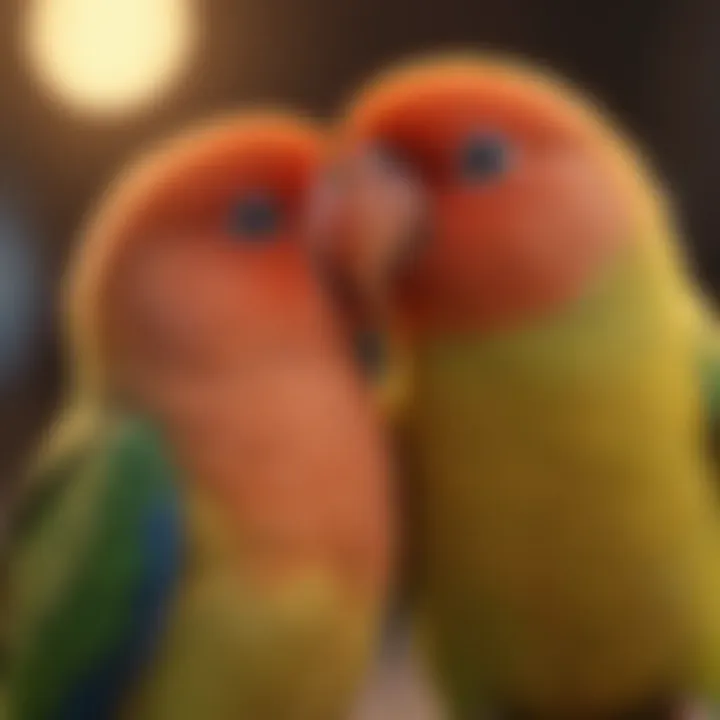 A vibrant lovebird cuddling with its companion