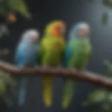 Colorful parakeets perched on a branch