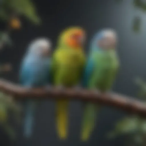 Colorful parakeets perched on a branch