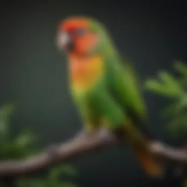 A vibrant green cheek conure perched on a branch, displaying its colorful feathers.