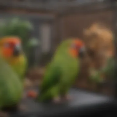 A well-designed cage setup for a green cheek conure, highlighting the importance of habitat.