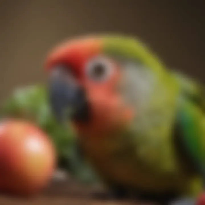 A close-up of a green cheek conure eating a piece of fruit, showcasing its playful nature.