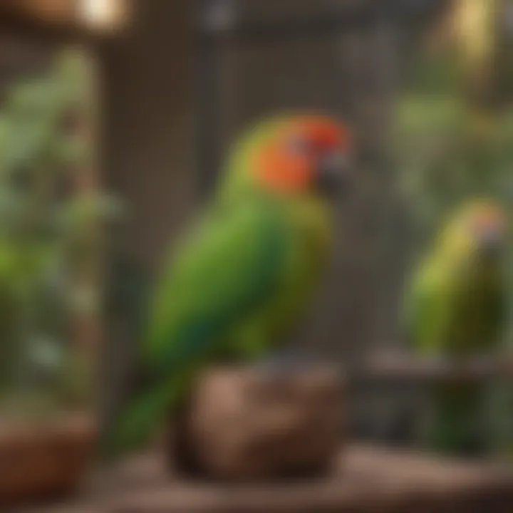 A well-decorated cage set up for a green cheek conure, demonstrating ideal habitat essentials.