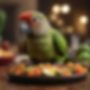 Nutrition for Your Green Cheek Conure A green cheek conure enjoying a nutritious meal, emphasizing healthy dietary choices.