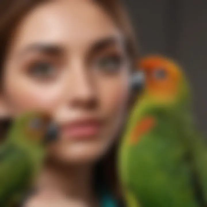 A green cheek conure interacting with a caregiver, illustrating its social behavior and affection.