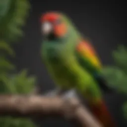 A vibrant green cheek conure perched on a branch, showcasing its colorful feathers.