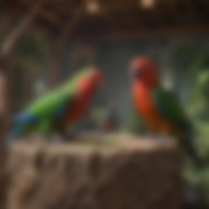 An elegantly designed aviary setting with Eclectus parrots interacting.