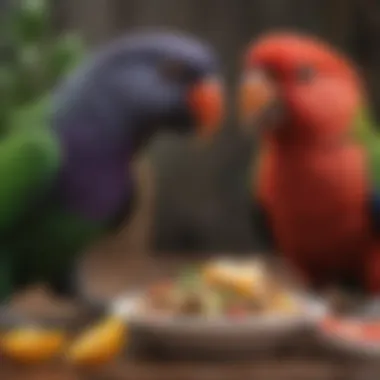 A close-up of an Eclectus parrot enjoying a nutritious meal.