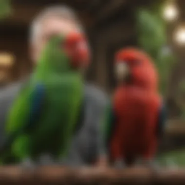 An Eclectus parrot engaging with its caretaker, showcasing their social nature.