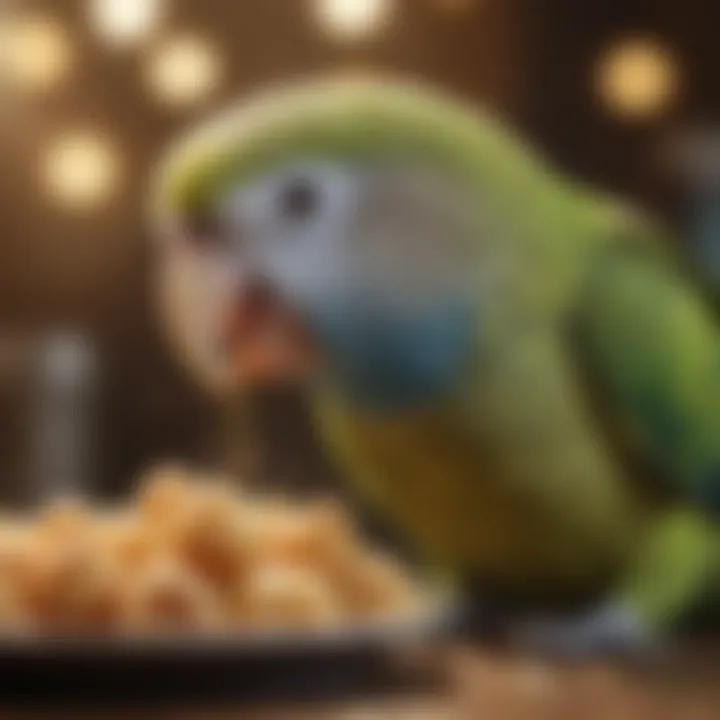 A close-up of a parakeet enjoying healthy food options