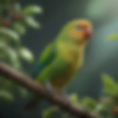 A vibrant parakeet perched on a branch in a lush environment