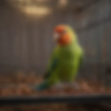 A vibrant parakeet in a spacious Hendryx bird cage, emphasizing bird welfare