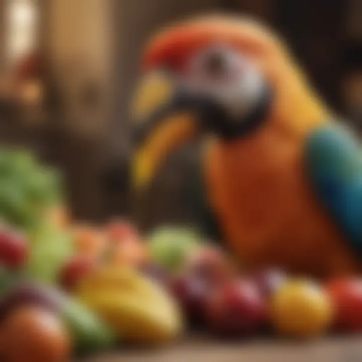 A close-up of an exotic bird feeding on fresh fruits and vegetables, illustrating its dietary needs.