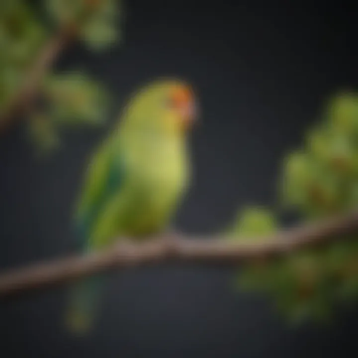 A vibrant parakeet perched on a branch, showcasing its healthy feathers and bright colors.