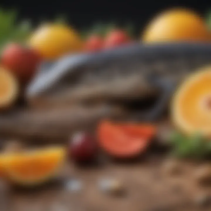 A close-up of a skink's diet, featuring fresh fruits and insects.