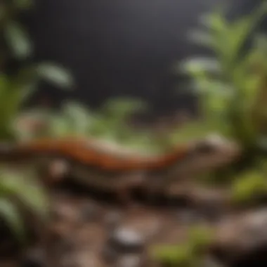 A vibrant skink basking under a heat lamp in a well-designed terrarium.