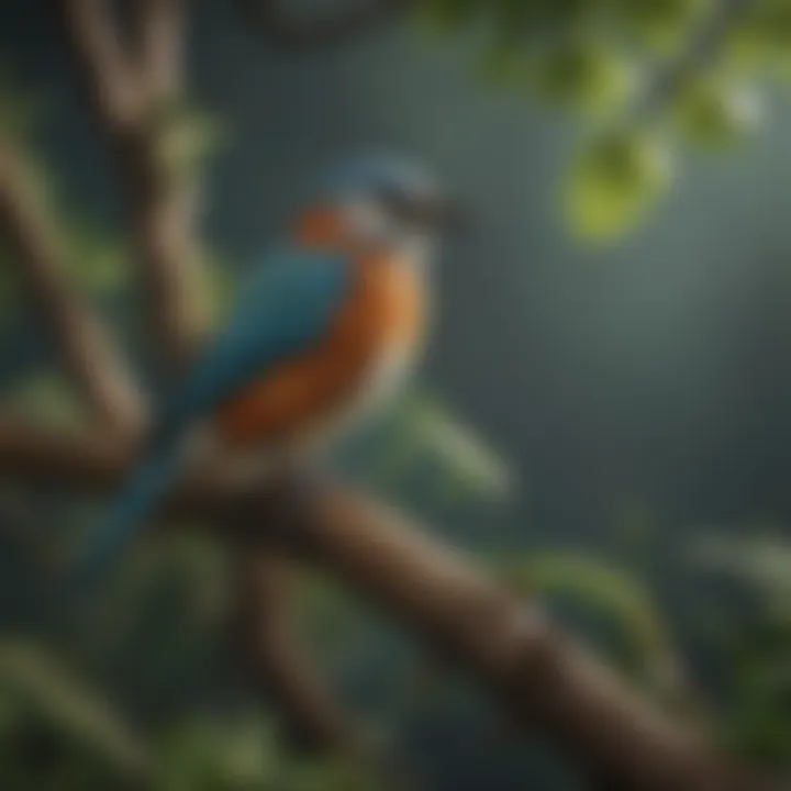 Colorful Minecraft birds perched on a tree branch