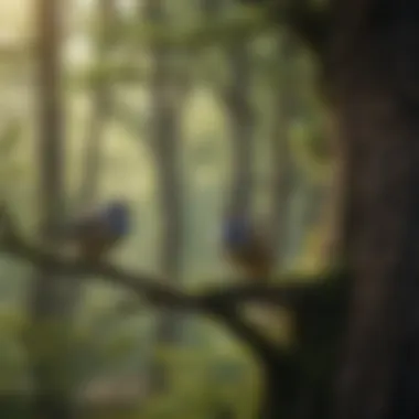 Forest Symphony: Birds in Song A serene forest scene with various birds perched on branches, preparing to sing.