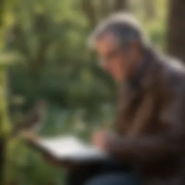 The Sound of Nature: Engaging with Bird Songs An individual listening attentively in nature, with a notebook in hand to jot down observations.