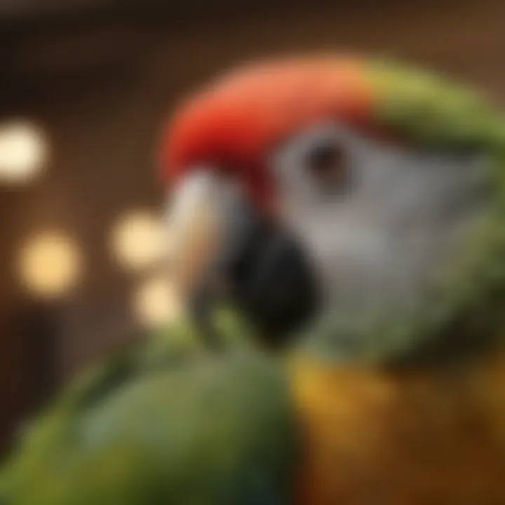 A close-up of a parrot exhibiting feather plucking behavior