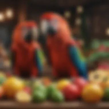 A colorful array of fruits and vegetables suitable for a macaw's diet.