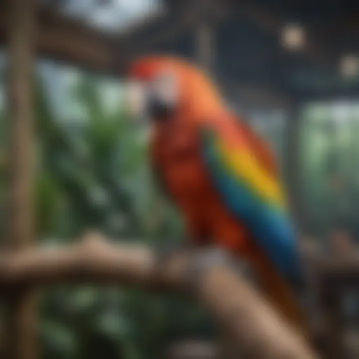 A vibrant macaw perched on a wooden branch in a spacious aviary.