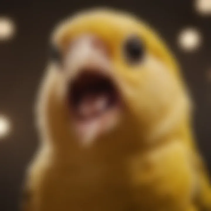 A close-up of a canary singing, illustrating the vocalization of pet birds.