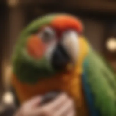Bonding with Your Parrot A vibrant parrot perched on a shoulder, showcasing a bond between bird and owner.