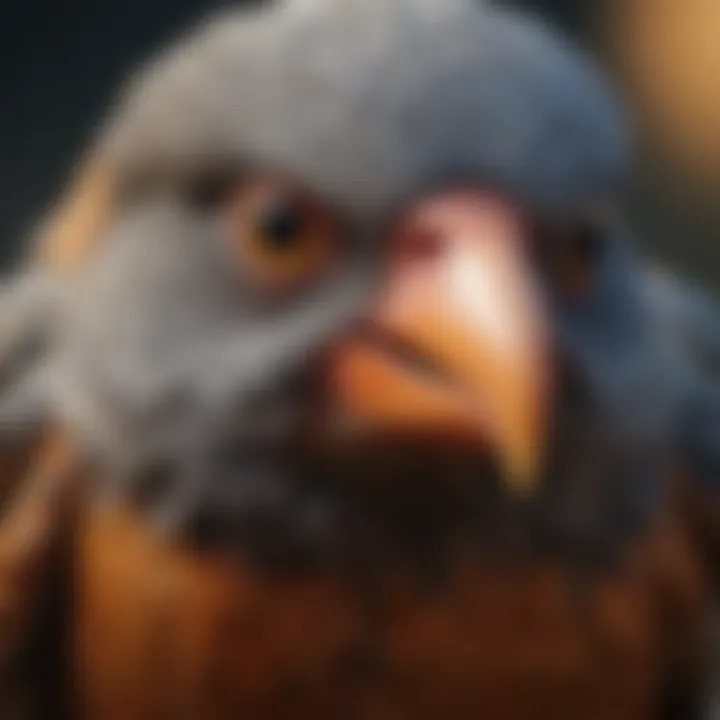 A close-up view of an injured bird with visible wounds