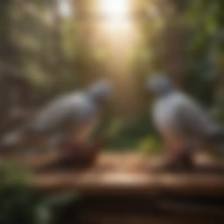 Dove interacting with natural materials in its cage