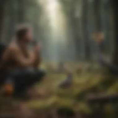 A group of bird enthusiasts listening to calls in a forest.