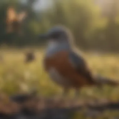 An open field with various birds flying and singing