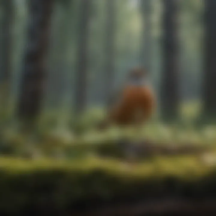 A serene landscape of a forest with sounds illustrated as waves emanating from trees.